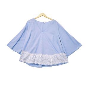 JANE and DELANCEY Shirt Womens 2X Blue Striped Cotton Top Lace Trim Bell Sleeves